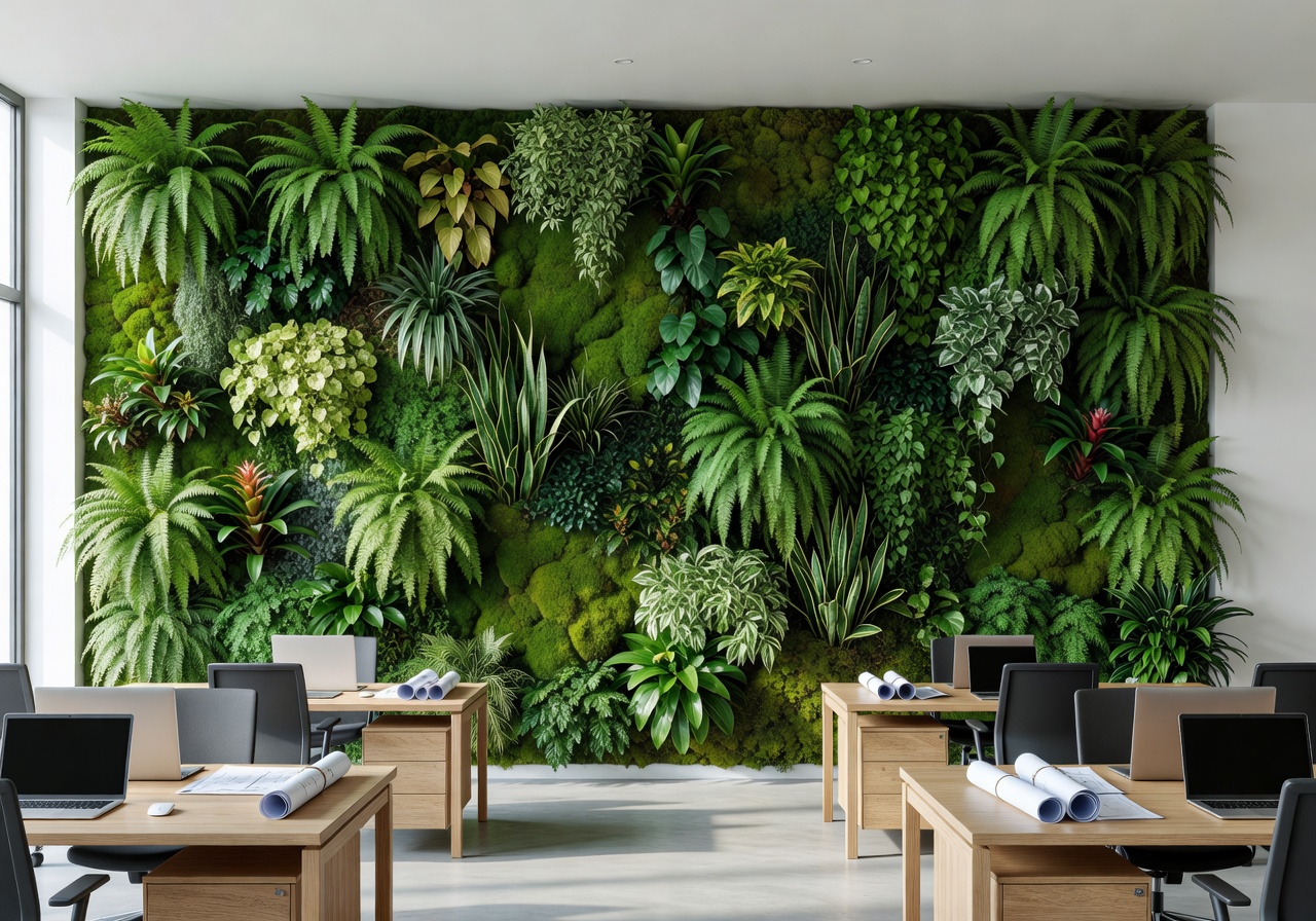 Architectural office with floor-to-ceiling green wall installation