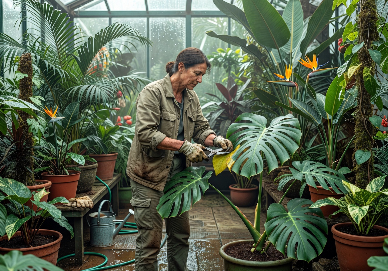 Botanist tending to indoor tropical plants for maintenance