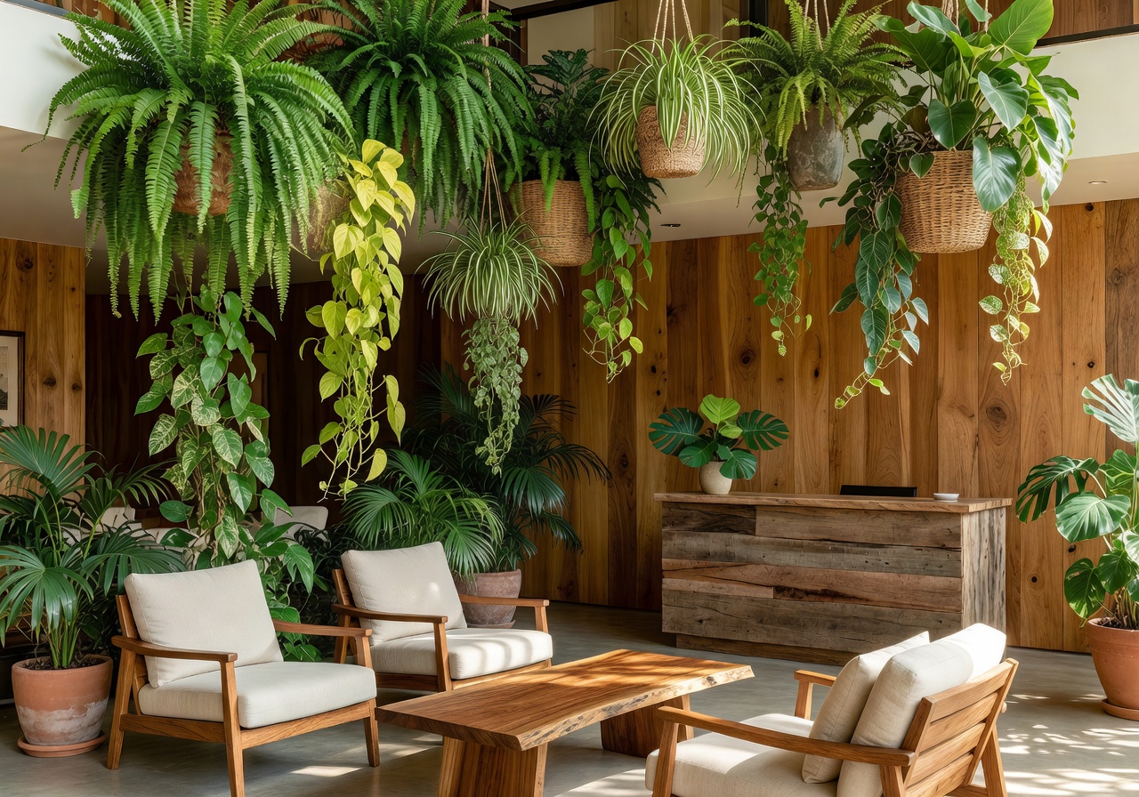 Boutique hotel lobby with hanging tropical plants and natural wood