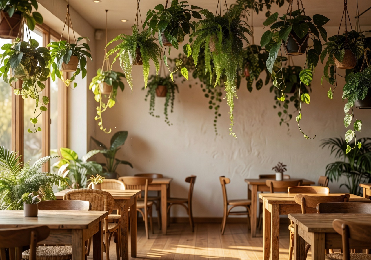 Cafe interior with hanging plants and warm natural light