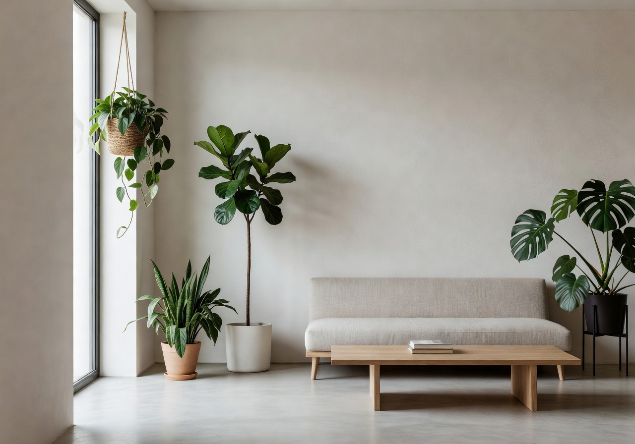 Curated indoor plant styling in a minimalist living room