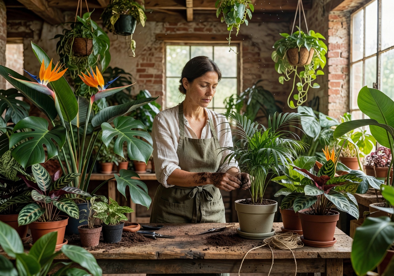Founder of Verdant Atelier arranging tropical plants in studio