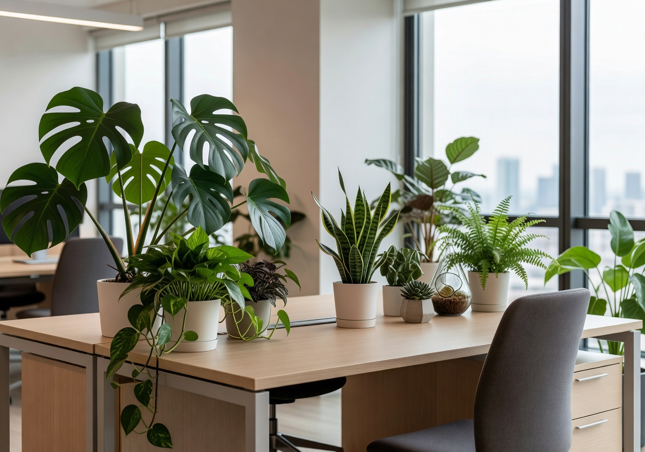 Greened modern office workspace with desk plants