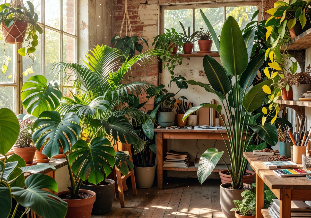 Lush green tropical indoor plants in a sunlit atelier
