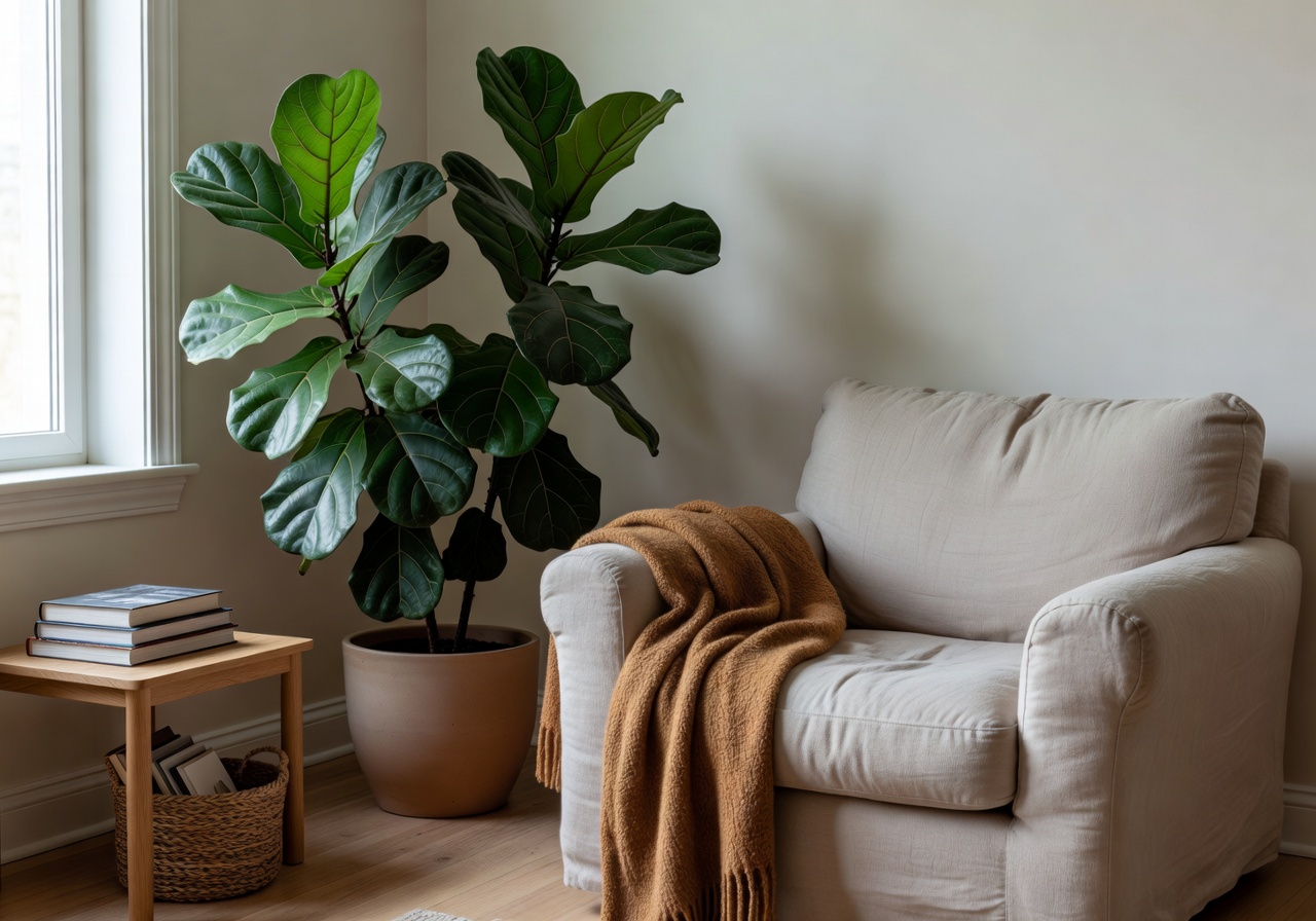 Residential reading corner with large fiddle leaf fig